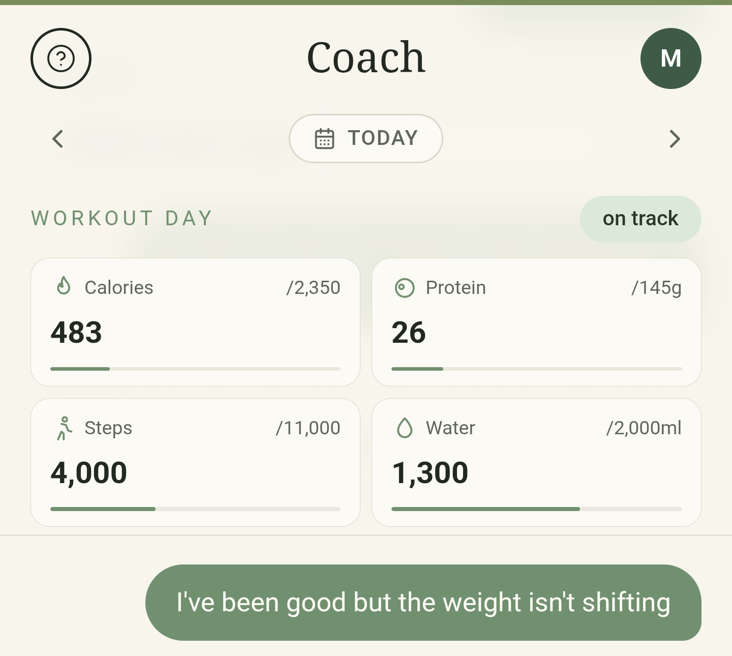 MitFit.app coach screen showing today's calories, protein, steps, and water, plus a logged meal in the chat
